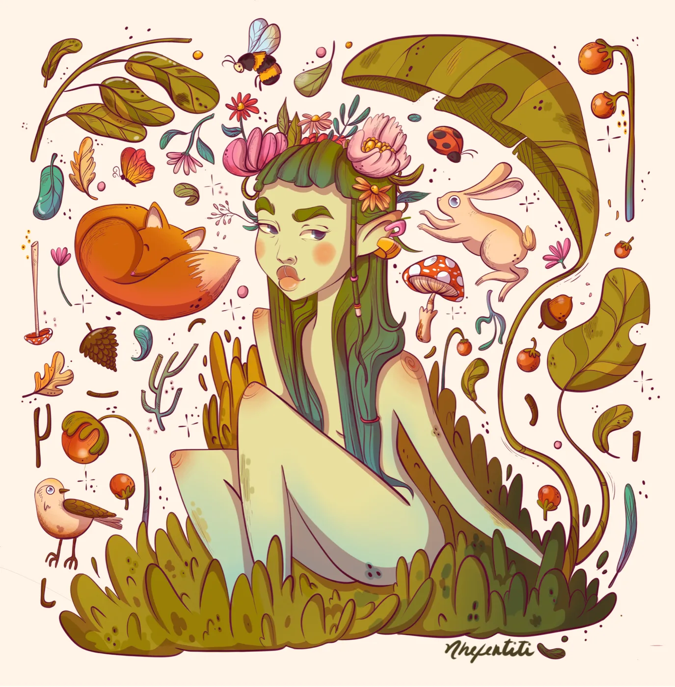 Forest girl with green hair surrounded by a fox, rabbit and plants — illustration by Lizy Del Busto